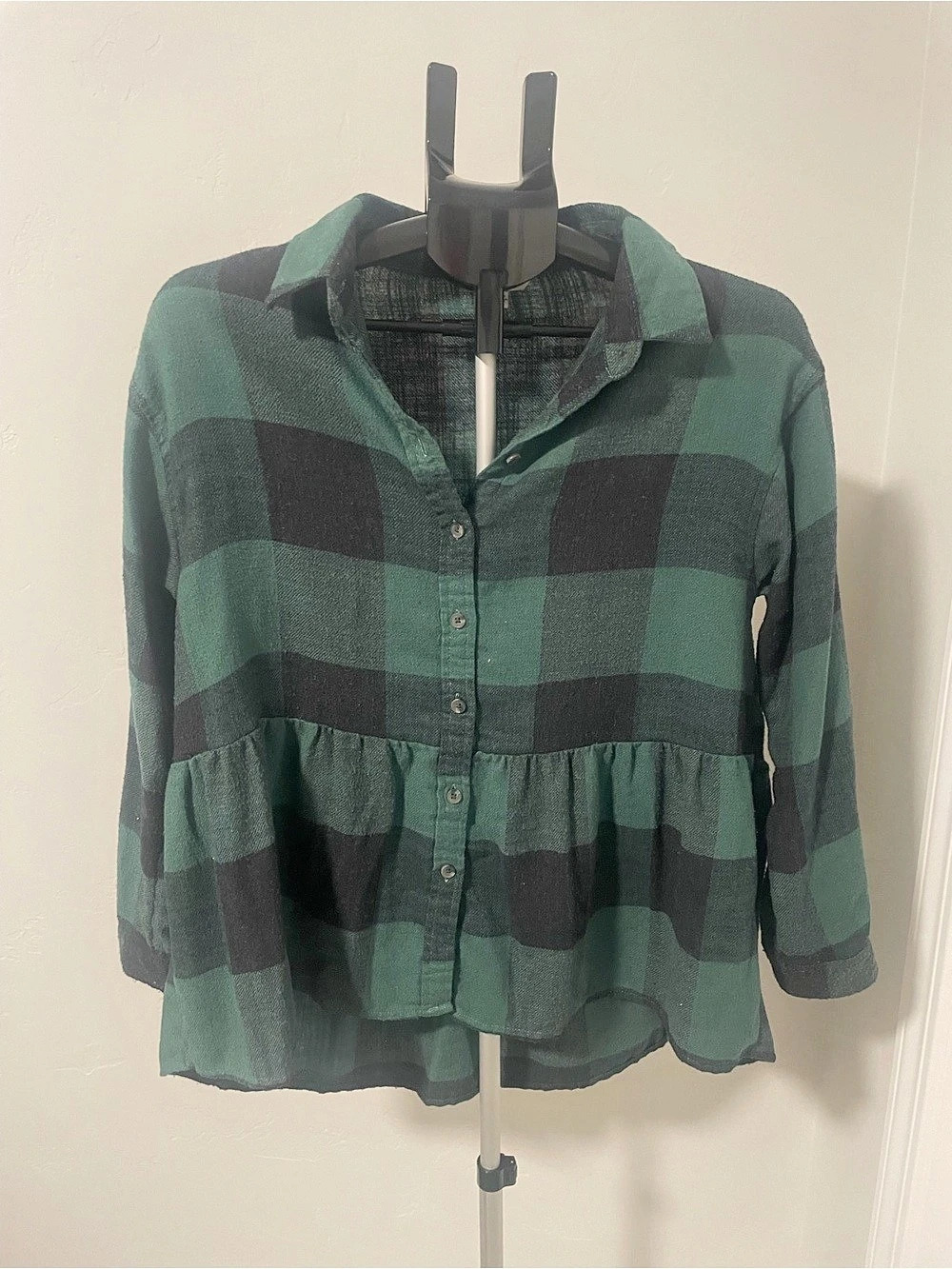 American Eagle Green Black Buffalo Plaid Babydoll Flannel Peplum Shirt XS